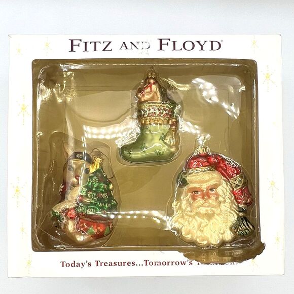 Fitz And Floyd Vintage Glass Christmas Ornaments 2004 Glass Santa Stocking Bunny - Picture 2 of 13